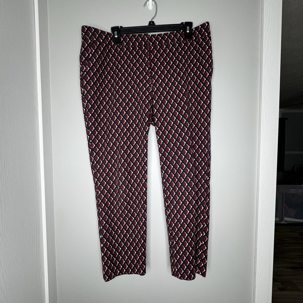Ann Taylor Devin Fit Pants Geometric Print Cropped Stretch Size 12‎ Maroon Navy